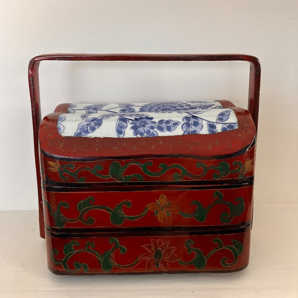 Vintage Chinese Shard Lunch Box, Stackable Box - Hand Made, Hand Painted